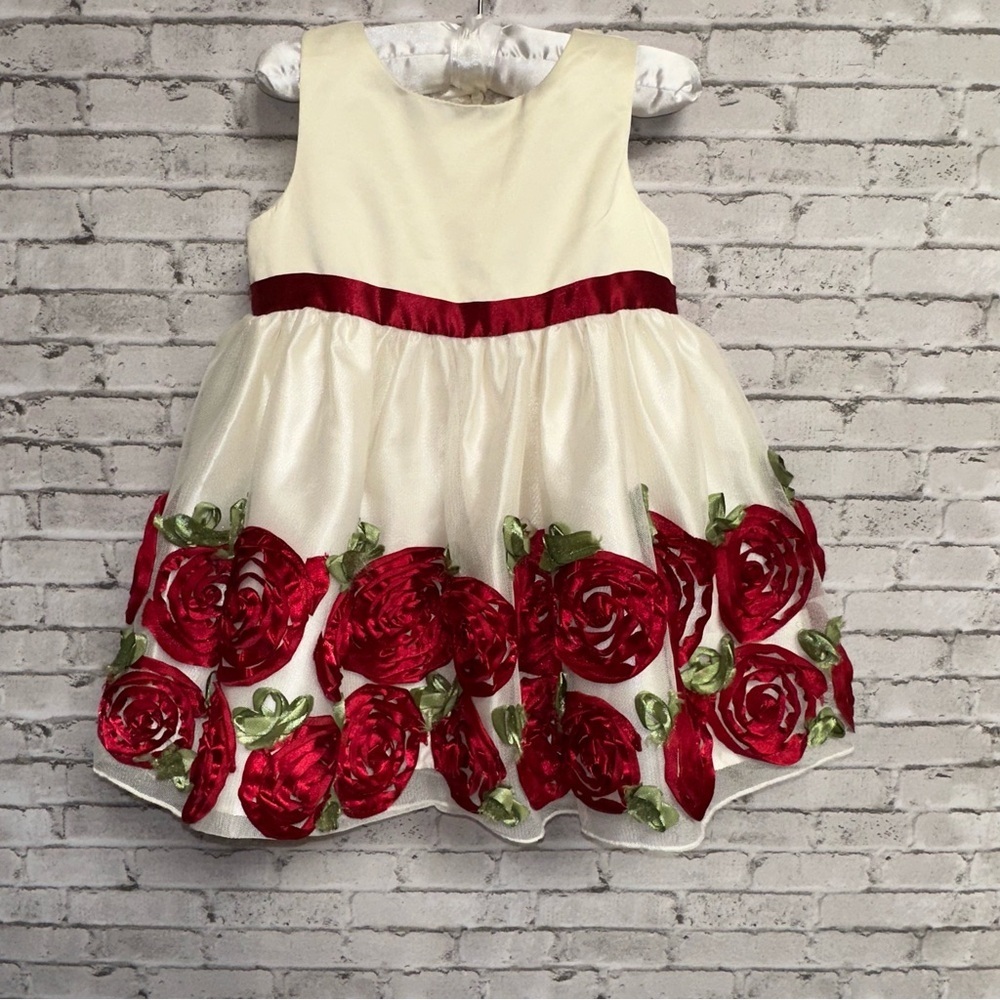 American Princess 24M Floral Ivory Red Rose Toddler Dress Lined Ribbon